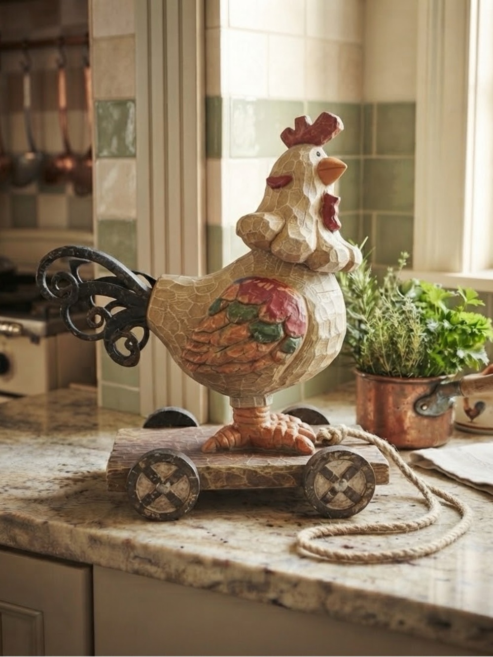 Rustic Farmhouse
Bobble Head
Chicken on Pull Cart Decorative
Figurine 11" Tall